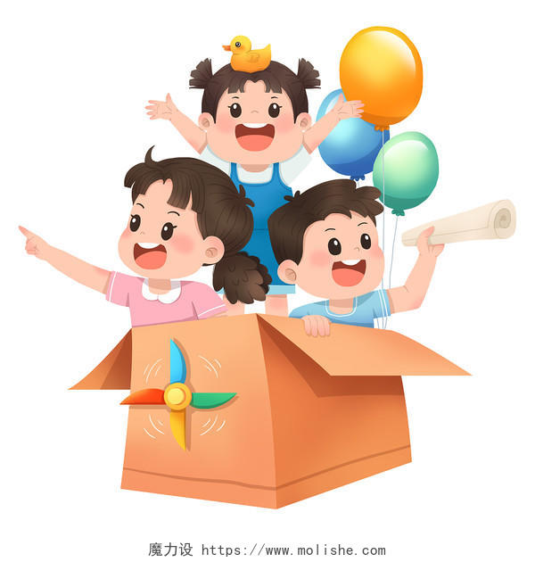 卡通风儿童与纸箱子气球玩具童趣可爱元素插画儿童节